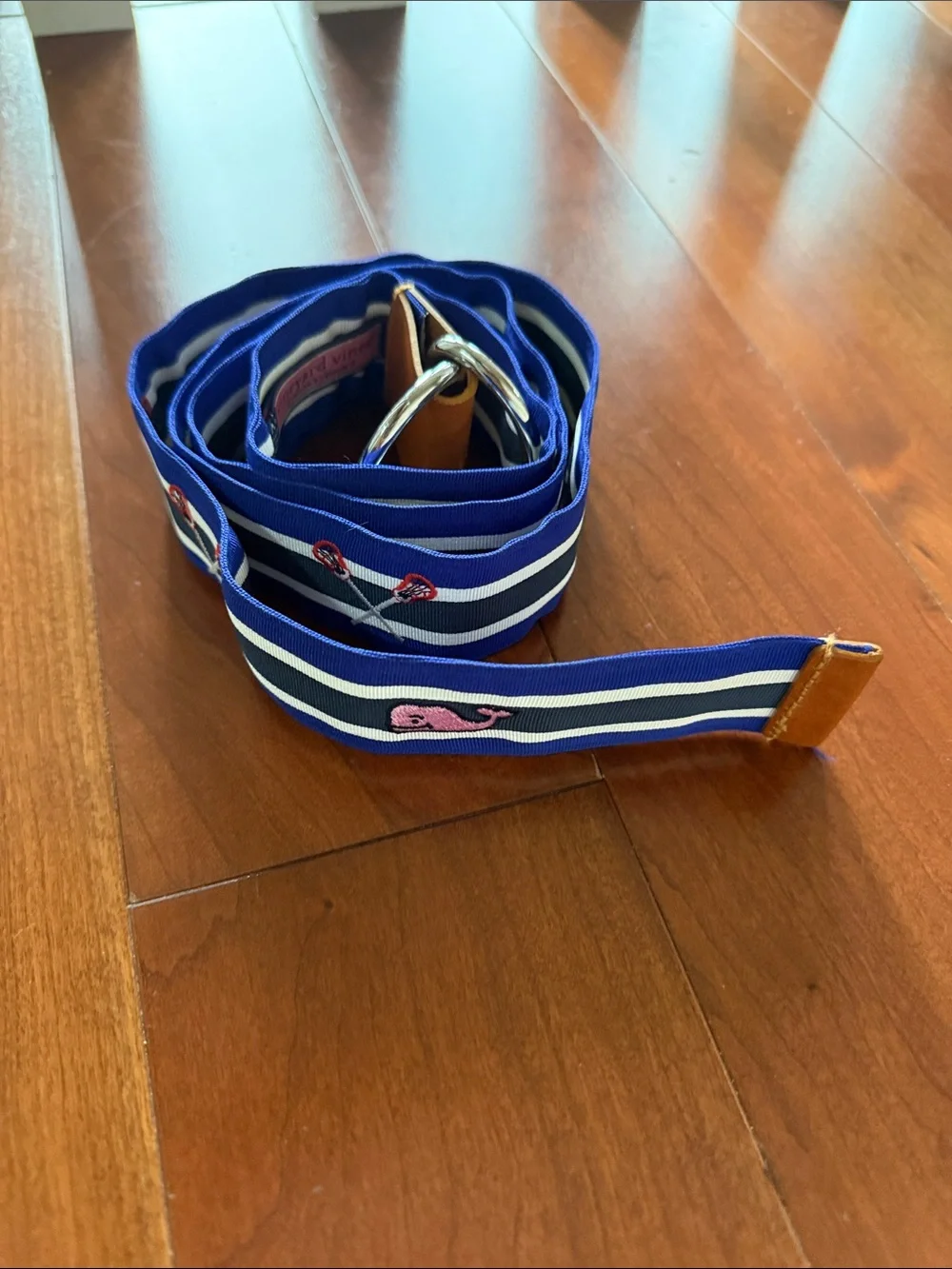 Vineyard Vines Navy & Royal Blue Whale Stripe Belt with Leather Trim